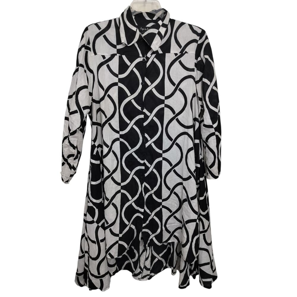 5299) Step in Style Plus 2X Cotton Artsy Geo Handkerchief Button Up Dress